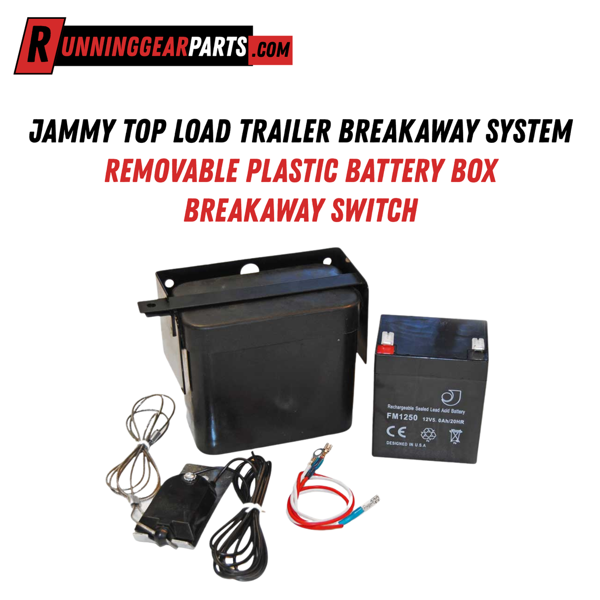 Jammy Top Load Trailer Breakaway System, with 5 AH Battery, Black Powder Coated Mounting Plate, Safety Strap, Removable Plastic Battery Box, Breakaway Switch, J-BBK