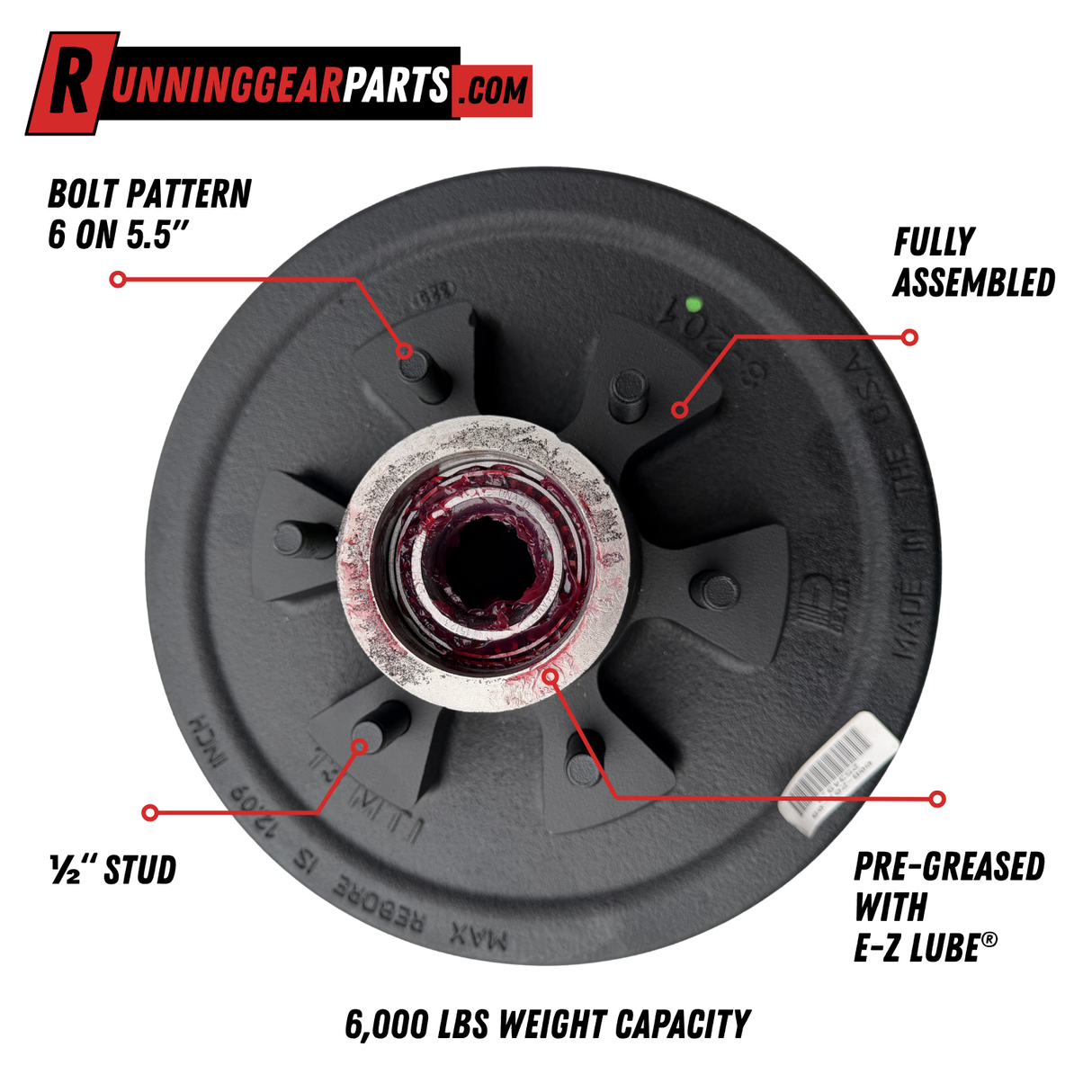Dexter 6,000 lb Trailer Axle Pre-Greased Hub Drum Assembly, 6 on 5-1/2" Bolt Pattern, #42 Spindle, 1/2" Studs, K08-201-2G, 2.250" Seal