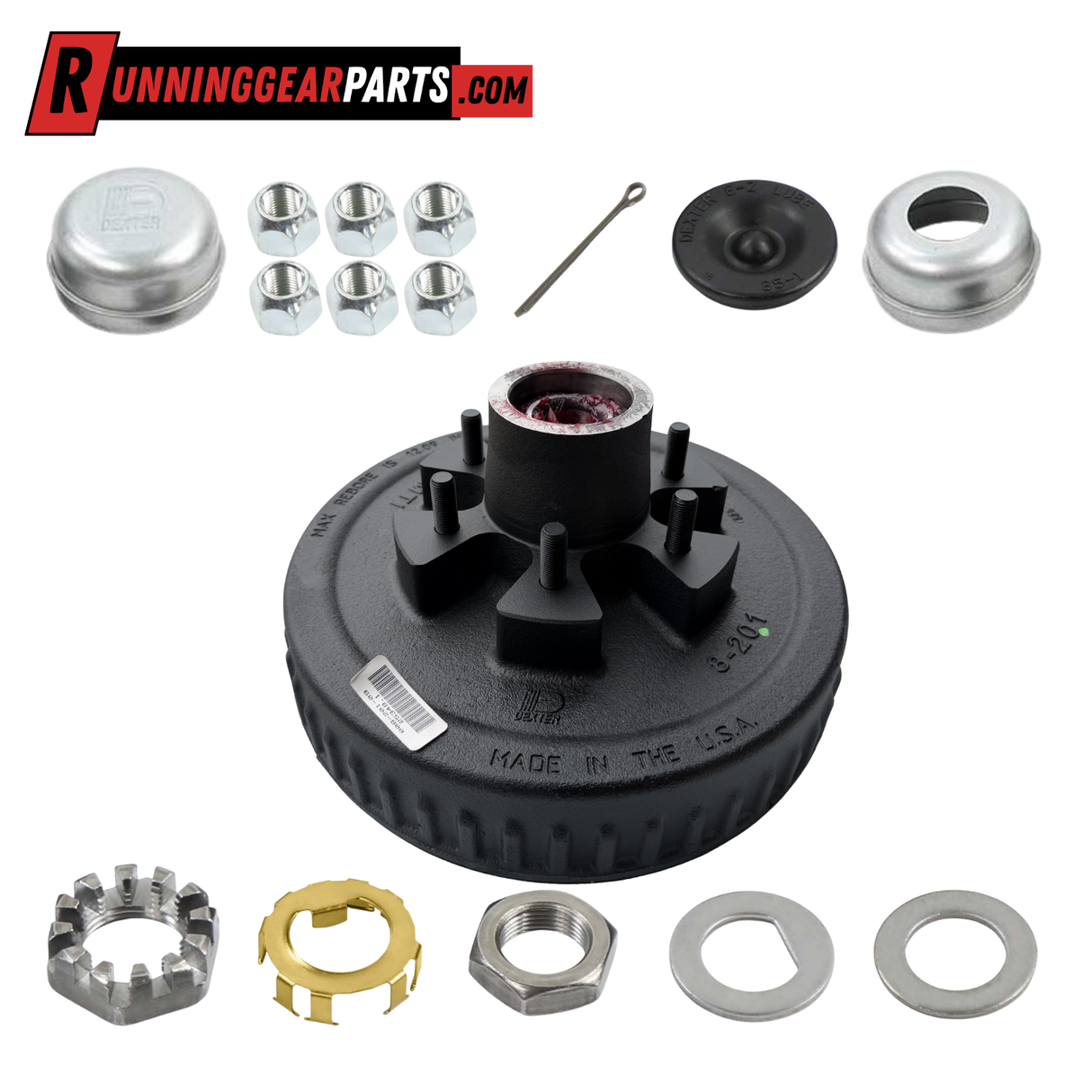 Dexter 6,000 lb Trailer Axle Pre-Greased Hub Drum Assembly, 6 on 5-1/2" Bolt Pattern, #42 Spindle, 1/2" Studs, K08-201-2G, 2.250" Seal