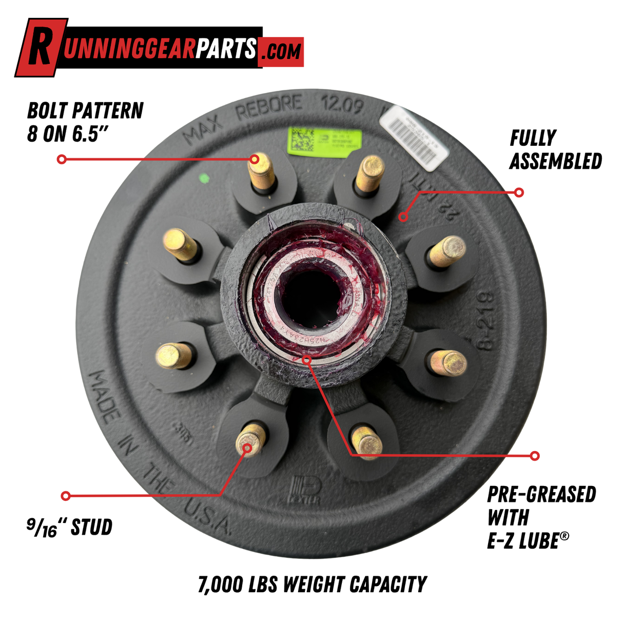 Dexter 5,200 - 7,000 lb Trailer Axles Pre-Greased Hub Drum Assembly, 8 on 6.5" Bolt Pattern, #42 Spindle, 9/16" Studs, K08-219-2G