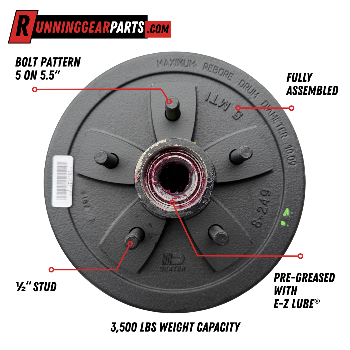 Dexter 3,500 lb Trailer Axle Pre-Greased Hub and Drum Assembly, 5 on 5-1/2" Bolt Pattern, #84 Spindle, 1/2" Studs, K08-249-2G,1.719" Seal