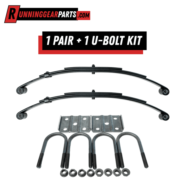 Trailer leaf spring kit featuring black steel 3-leaf double eye spring pair, U-bolts, tie plates, nuts and washers.