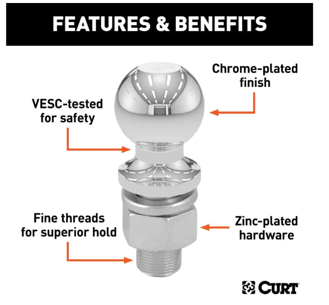 CURT 2" Trailer Ball, 1" x 2-1/8" Shank, 6,000 lbs, Chrome, 40004