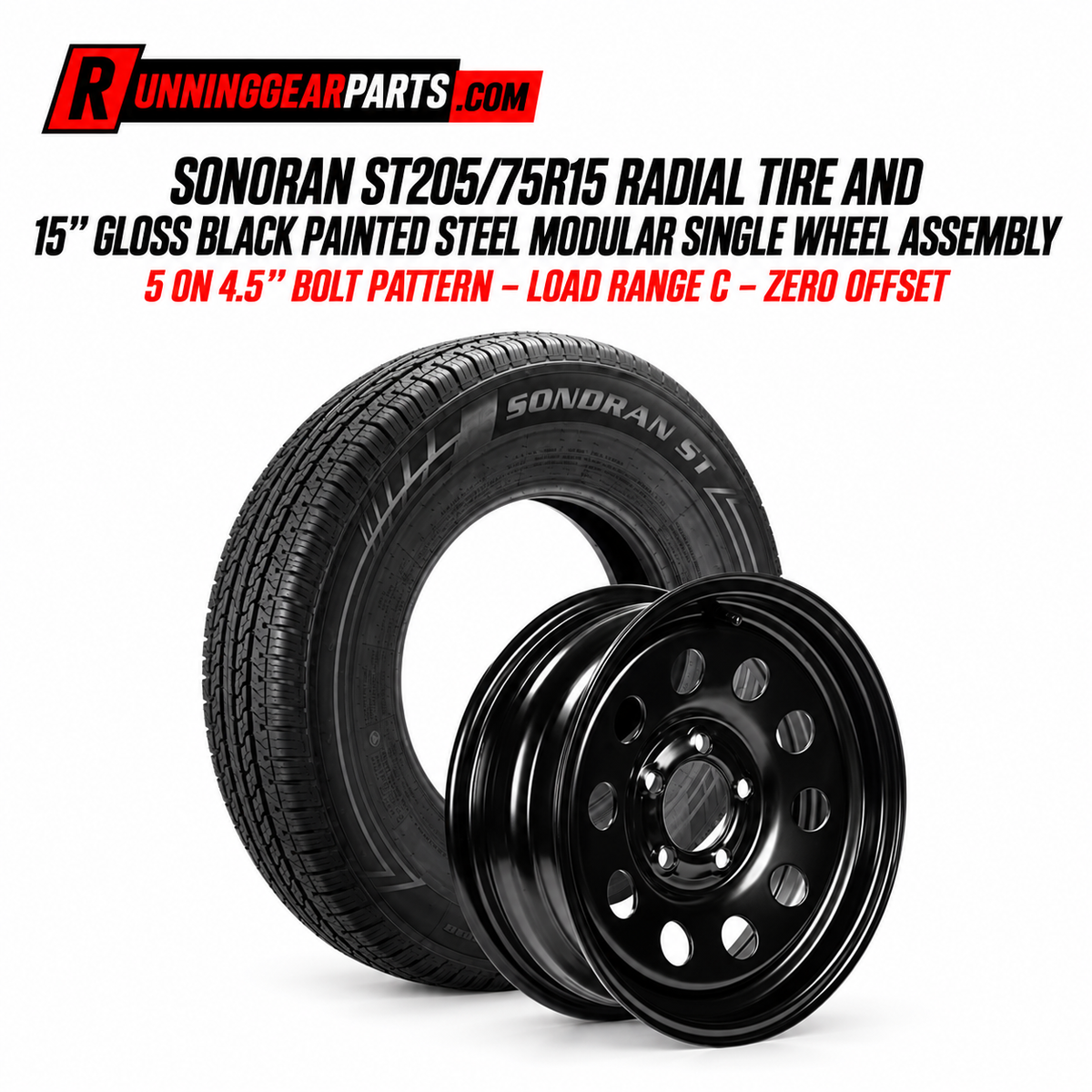  Sonoran ST205/75R15 radial tire and a matching black 15-inch gloss painted steel modular single wheel assembly,