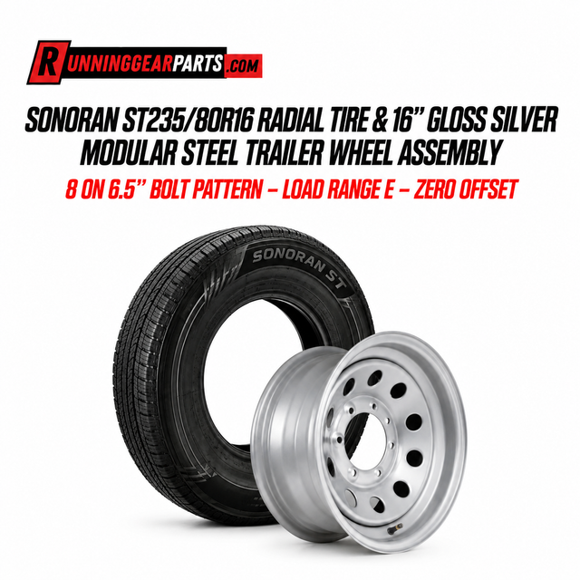 Sonoran ST radial tire and a 16-inch gloss silver steel trailer wheel assembly