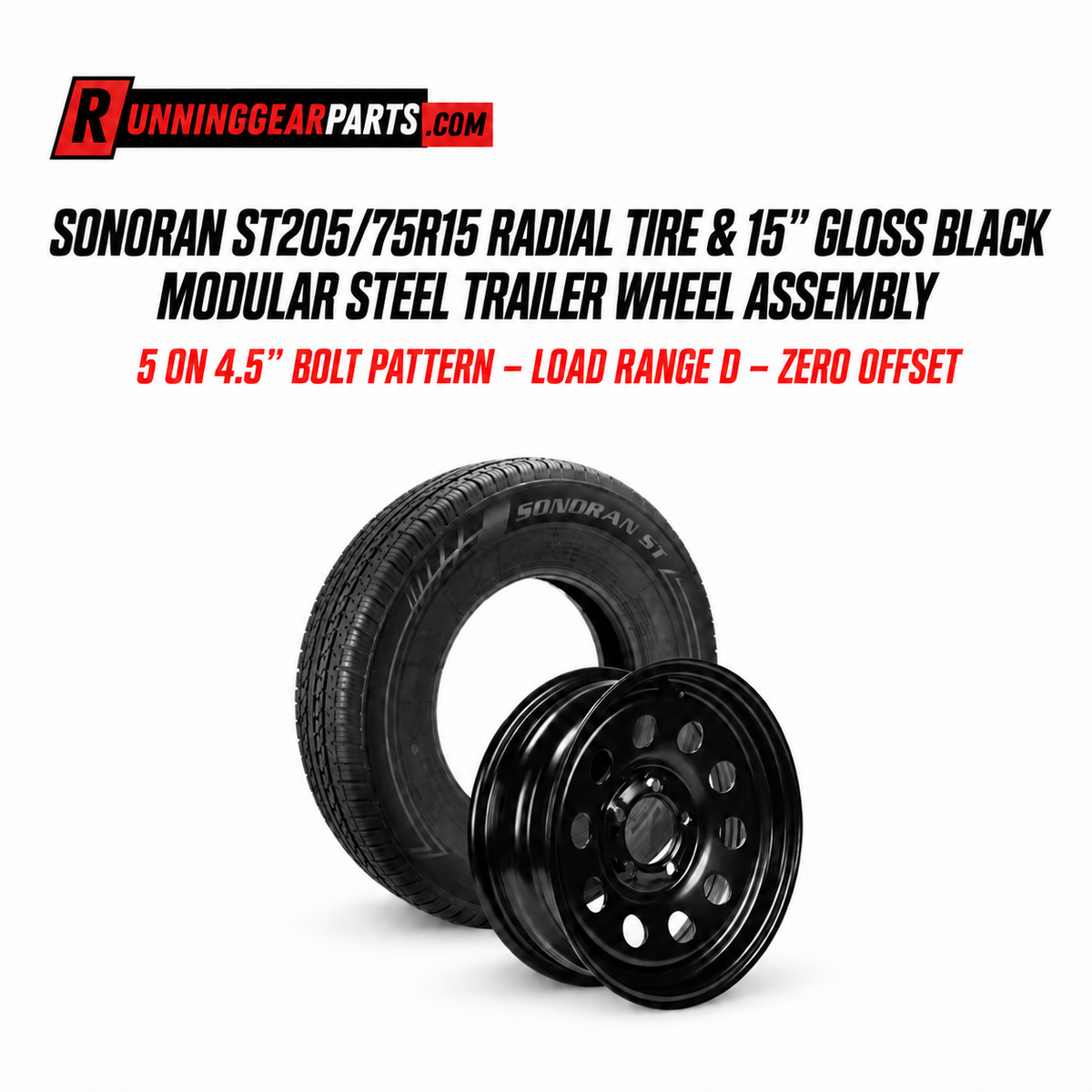 Sonoran tire and a black modular steel trailer wheel assembly
