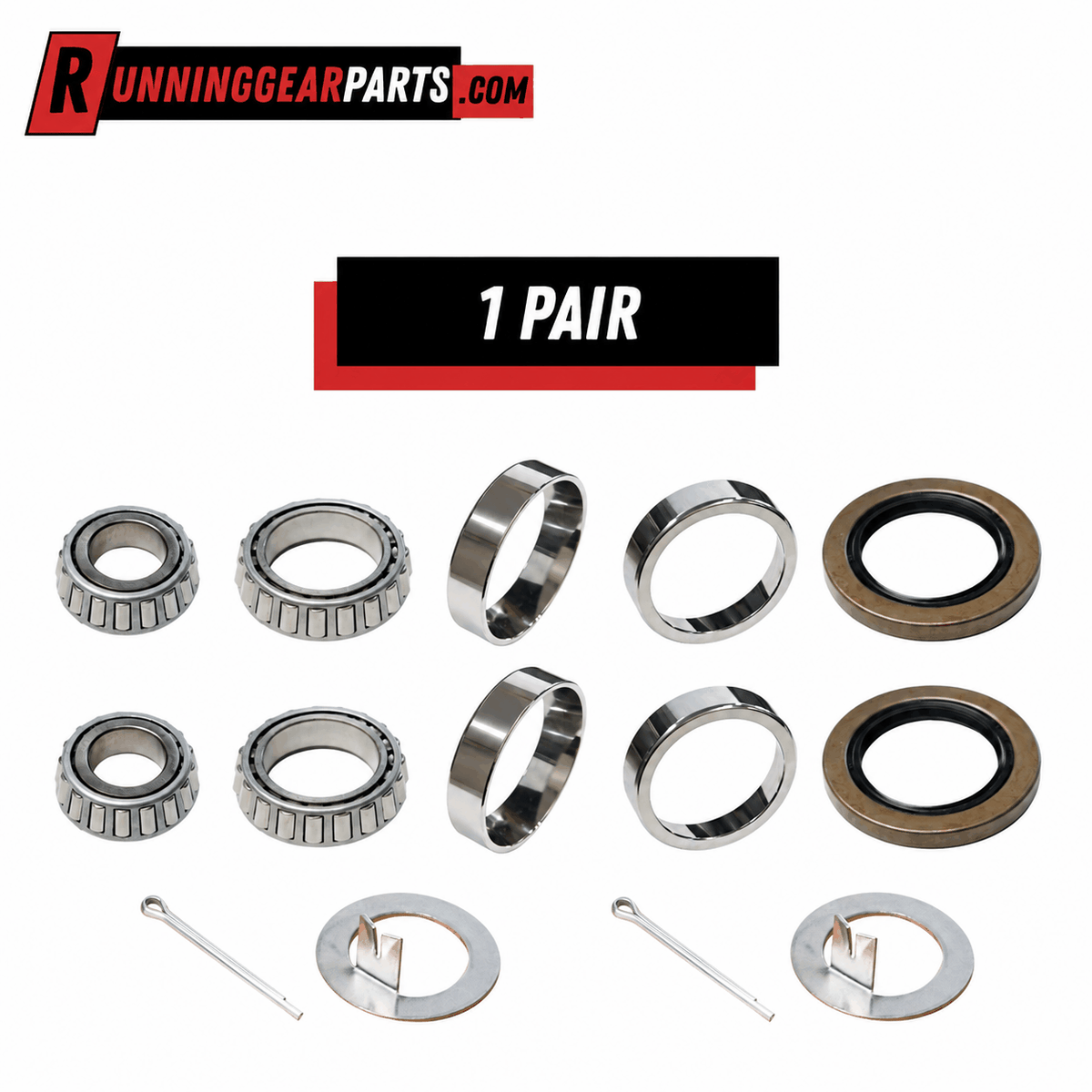 Trailer Axle Bearing Kit with silver steel tapered bearings and races, black-and-brown grease seals, cotter pins and washers.