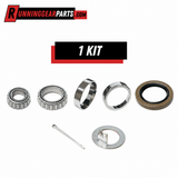 Trailer Axle Bearing Kit with silver steel tapered bearings and races, black rubber grease seal, cotter pin and washer.