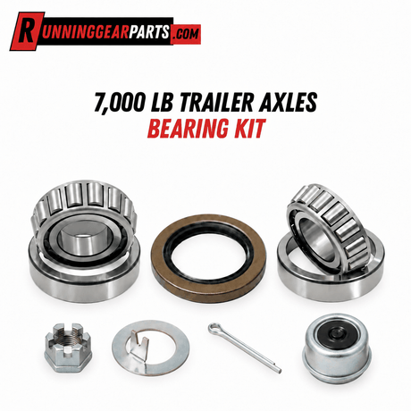 Trailer Axles Bearing Kit with silver metal tapered roller bearings, dark seals, and small spindle hardware arranged as a set.