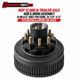 Trailer Hub & Drum Assembly, black cast-metal ribbed drum with a raised hub, silver center bore, and gold wheel studs