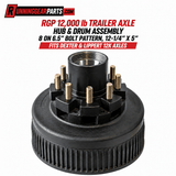 Trailer Hub & Drum Assembly, black cast-metal ribbed drum with a raised hub, silver center bore, and gold wheel studs