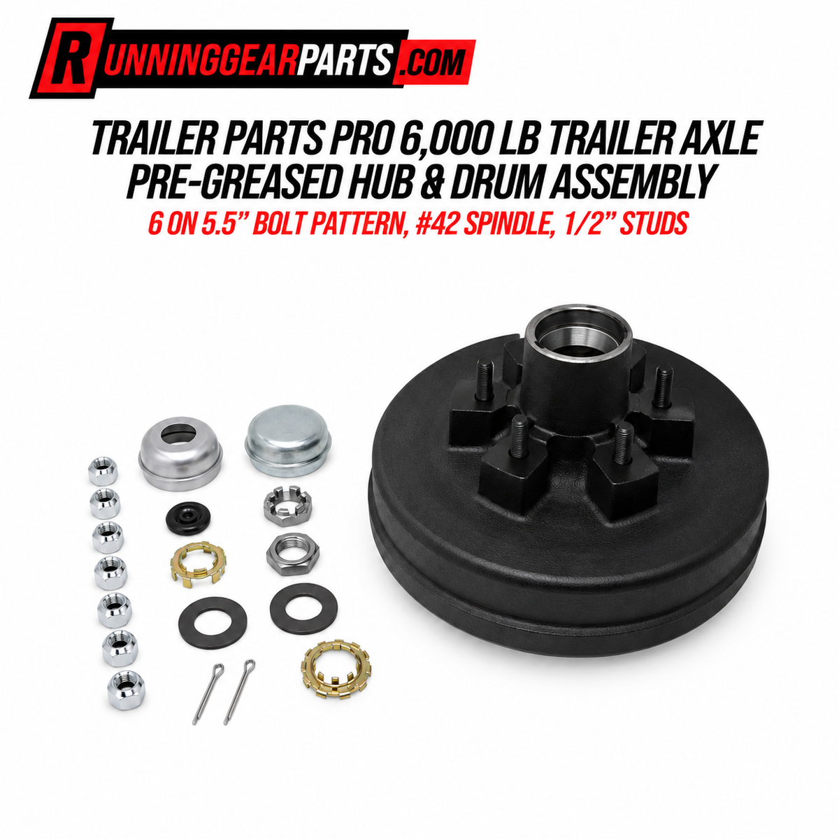 Trailer Parts Pro 6,000 lb trailer axle pre-greased hub and drum assembly kit