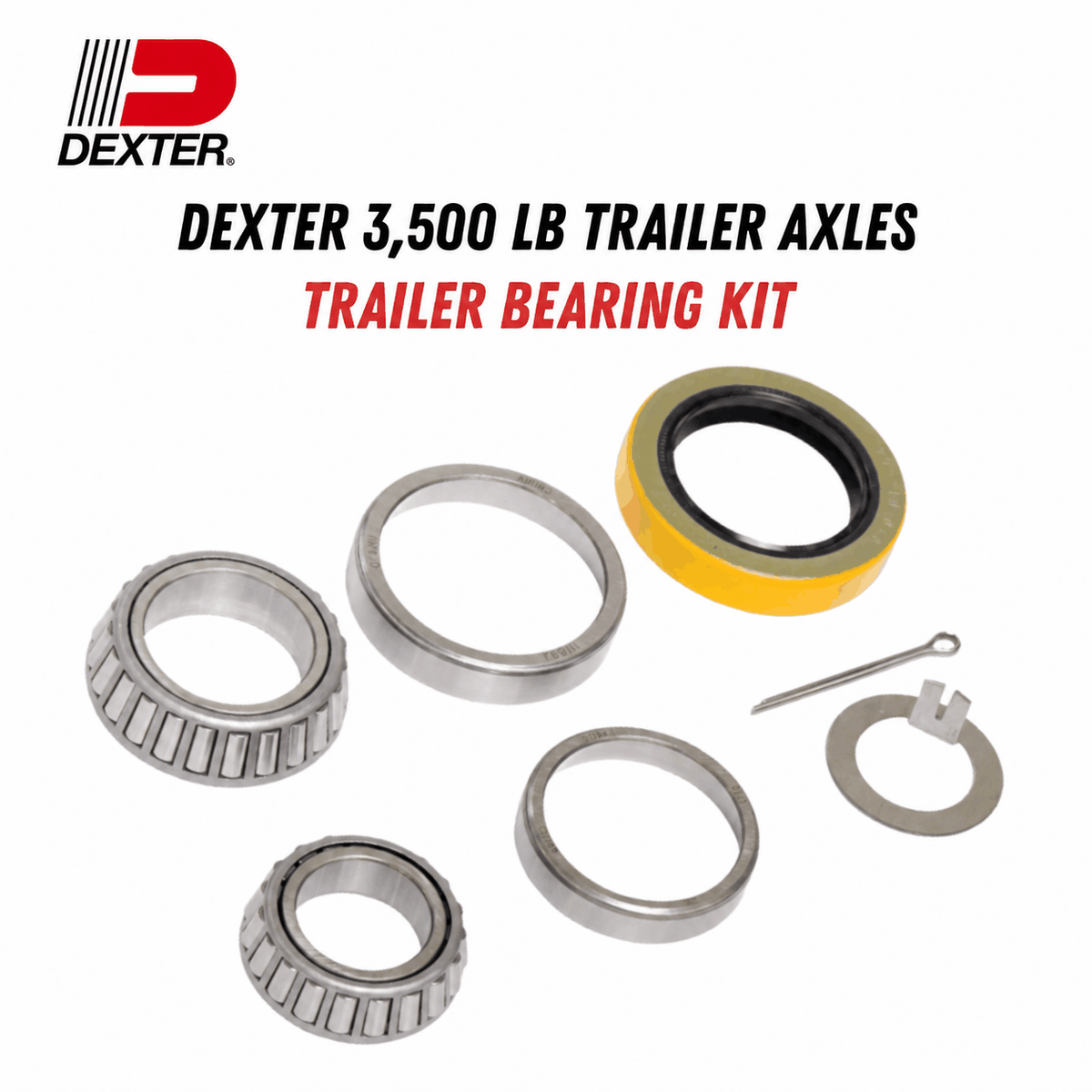 Trailer bearing kit for Dexter 3,500 lb Trailer Axles, with steel bearings and races, yellow seal, washer, and cotter pin.