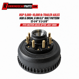 Trailer hub and drum assembly in black metal with gold wheel studs and 8 on 6.5-inch bolt pattern; Fit Dexter 9,000-10,000 lb Axles