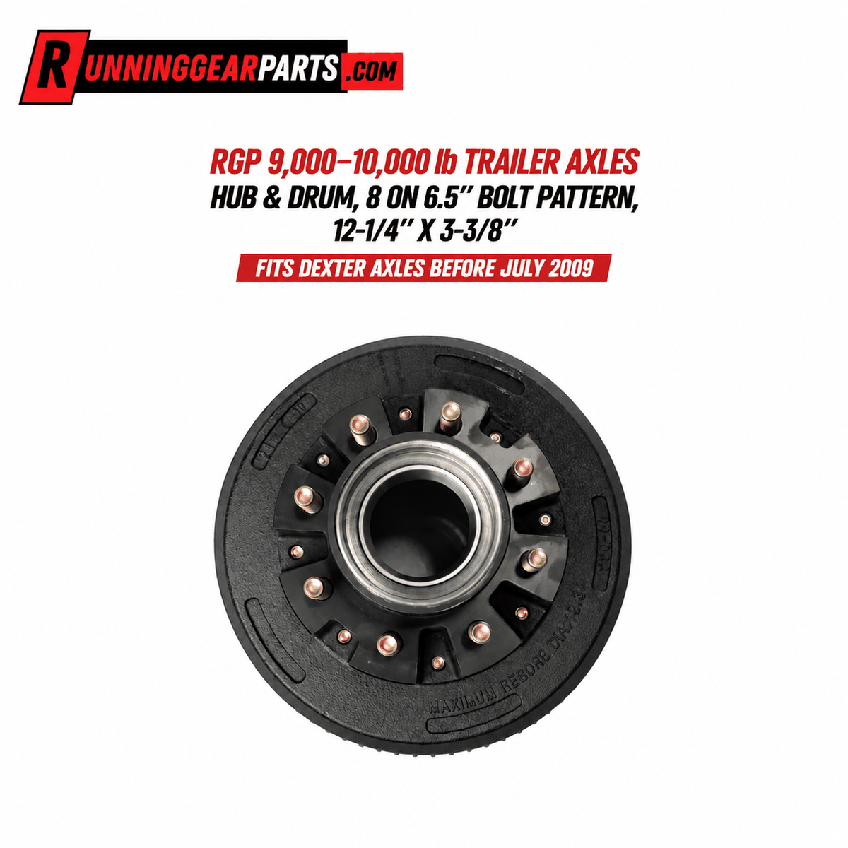 Trailer hub and drum for Dexter 9,000–10,000 lb Axles, black cast metal with an 8-lug bolt pattern and central bore.