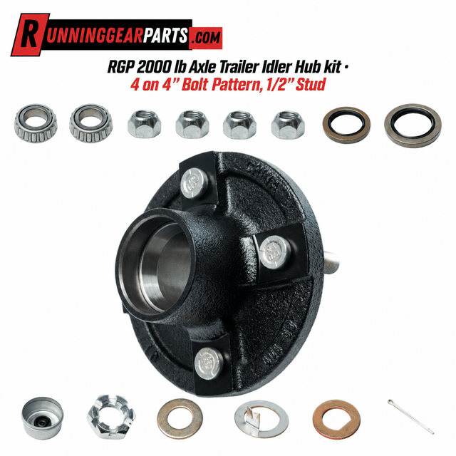 Trailer idler hub kit, black steel with three silver studs, bearings and assorted hardware; RGP 2000 lb Axle assembly.