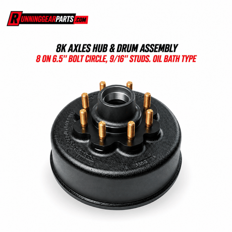 Trailer hub and drum assembly, black metal with eight brass-colored studs and a raised central hub; RGP 8,000 lb Trailer Axles assembly