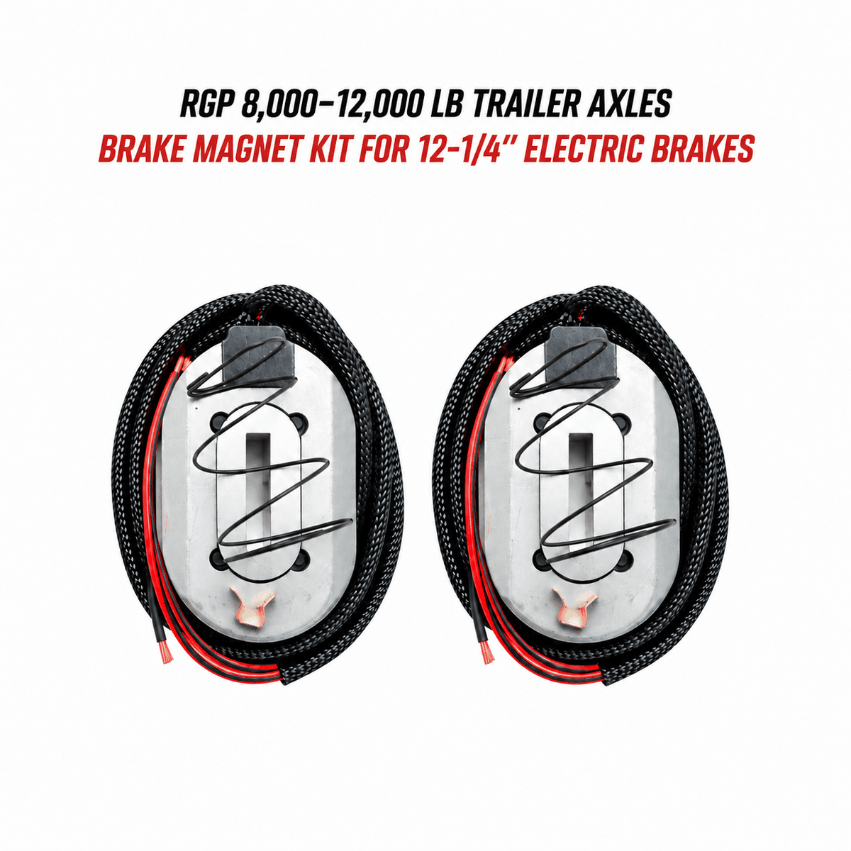 RGP 8,000-12,000 lb Trailer Axle brake magnet kit with two silver metal magnets, black springs, and red wires wrapped in braided black sleeving.