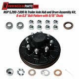 Trailer axle hub and drum assembly with black-coated drum, eight silver wheel studs, bearings, seal and hardware; RGP 5,200-7,000 lb Trailer Axle