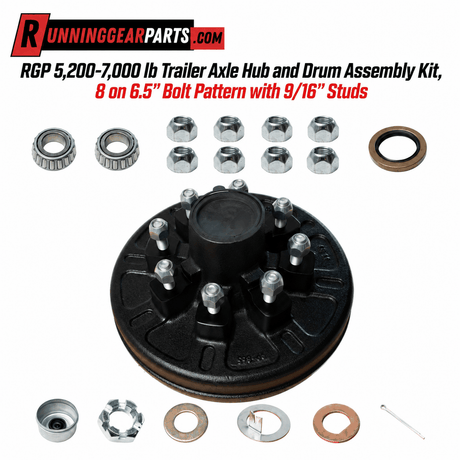 Trailer axle hub and drum assembly with black-coated drum, eight silver wheel studs, bearings, seal and hardware; RGP 5,200-7,000 lb Trailer Axle