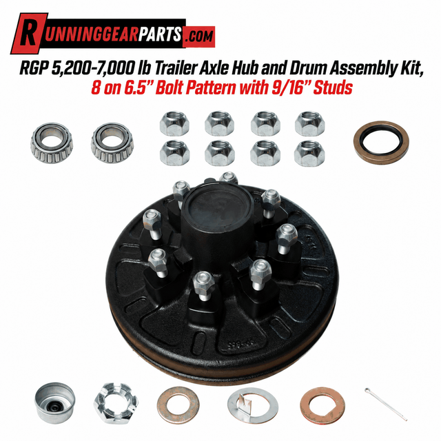 Trailer axle hub and drum assembly with black-coated drum, eight silver wheel studs, bearings, seal and hardware; RGP 5,200-7,000 lb Trailer Axle