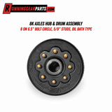 Trailer hub and drum assembly for RGP 8000 lb Trailer Axles, black metal with eight gold studs and central oil-bath hub.