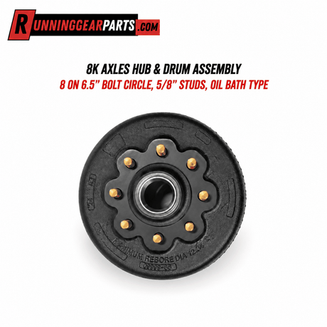 Trailer hub and drum assembly for RGP 8000 lb Trailer Axles, black metal with eight gold studs and central oil-bath hub.