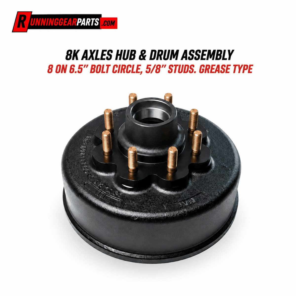 Trailer hub and drum assembly for RGP 8,000 lb Trailer Axles, black metal with eight gold-toned studs and raised hub.