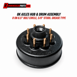 Trailer hub and drum assembly for RGP 8,000 lb Trailer Axles, black metal with eight gold-toned studs and raised hub.