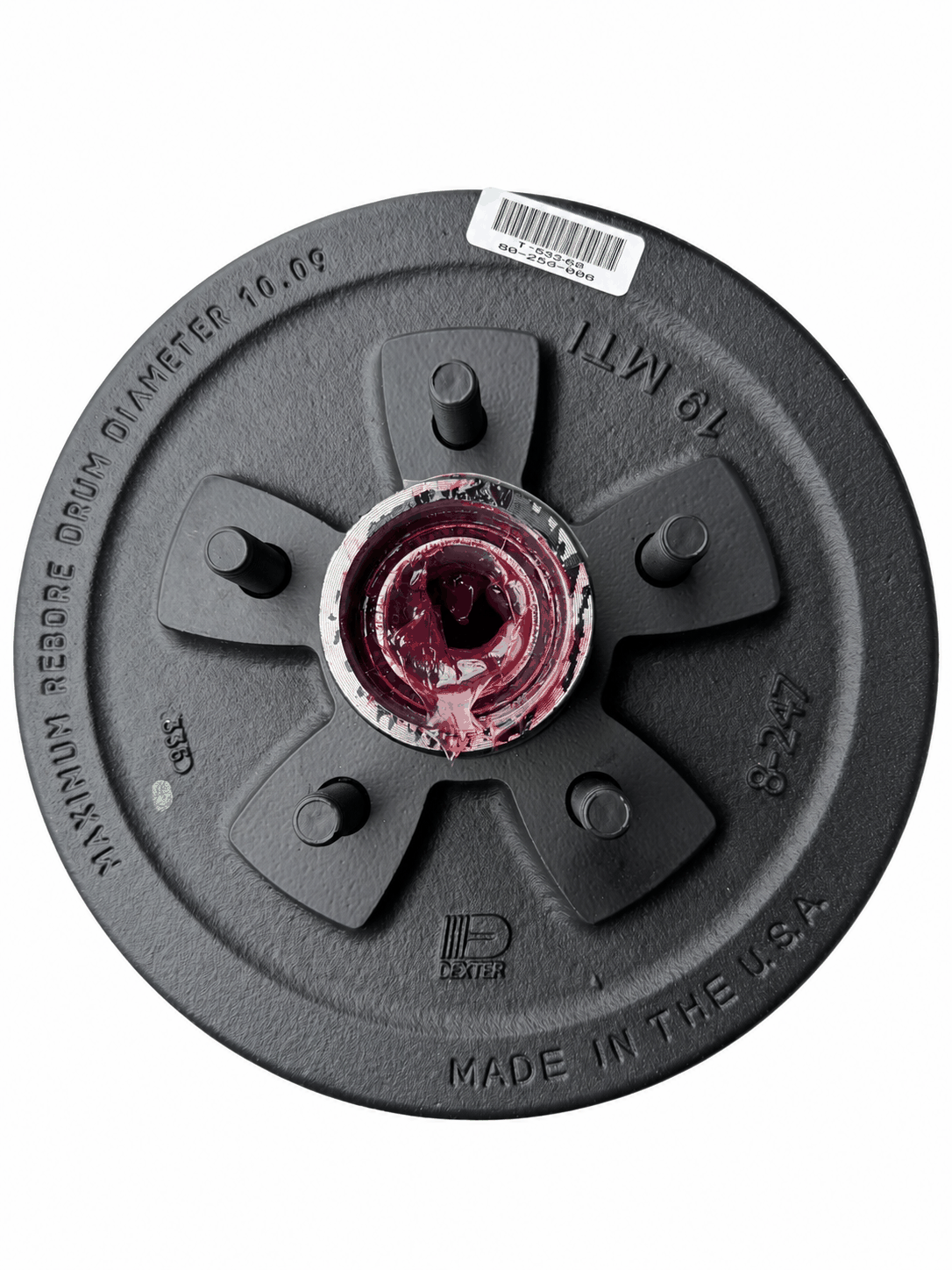 Trailer hub and drum assembly for Dexter 3,500 lbs Axles, black painted metal with five studs and a red grease-coated center.