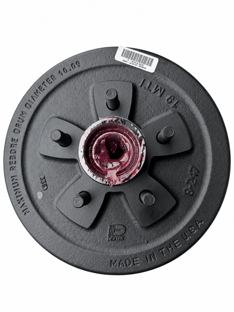 Trailer hub and drum assembly for Dexter 3,500 lbs Axles, black painted metal with five studs and a red grease-coated center.