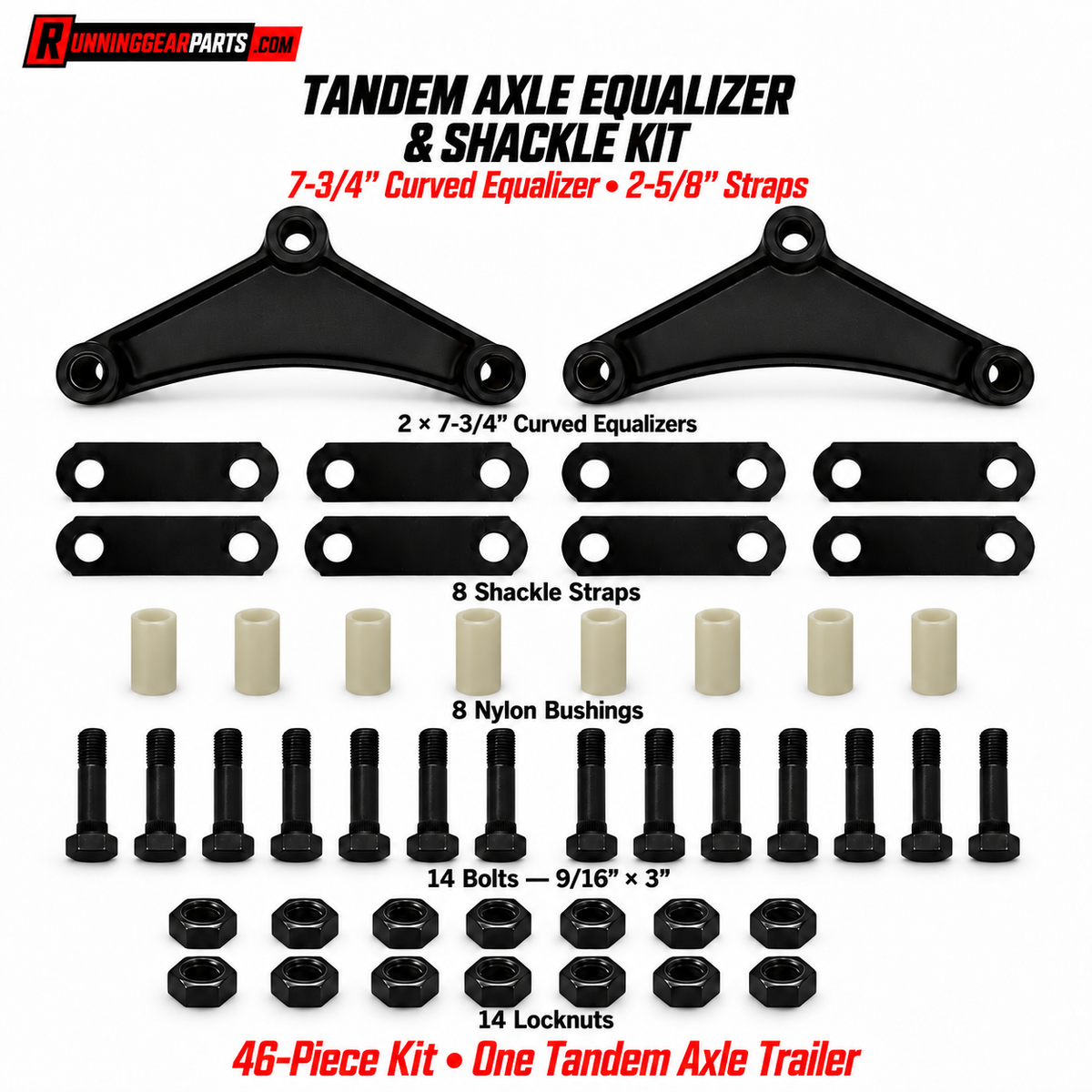 RGP Tandem Axle Equalizer & Shackle Kit — 7-3/4″ Curved Equalizers, 2-5/8″ Straps, 46 Pieces