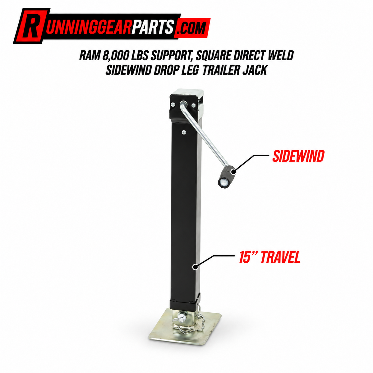black and silver trailer jack with a square base and a side wind lever
