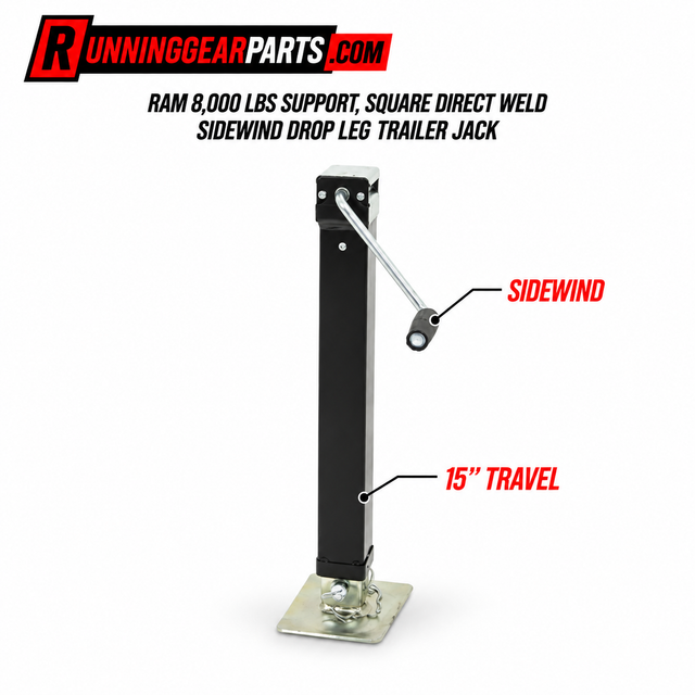 black and silver trailer jack with a square base and a side wind lever