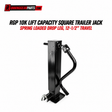 black metal square trailer jack with a spring-loaded drop leg and travel handle