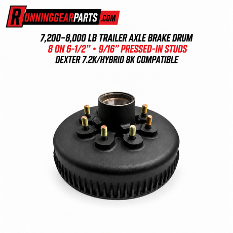 black metal trailer axle brake drum with six brass studs