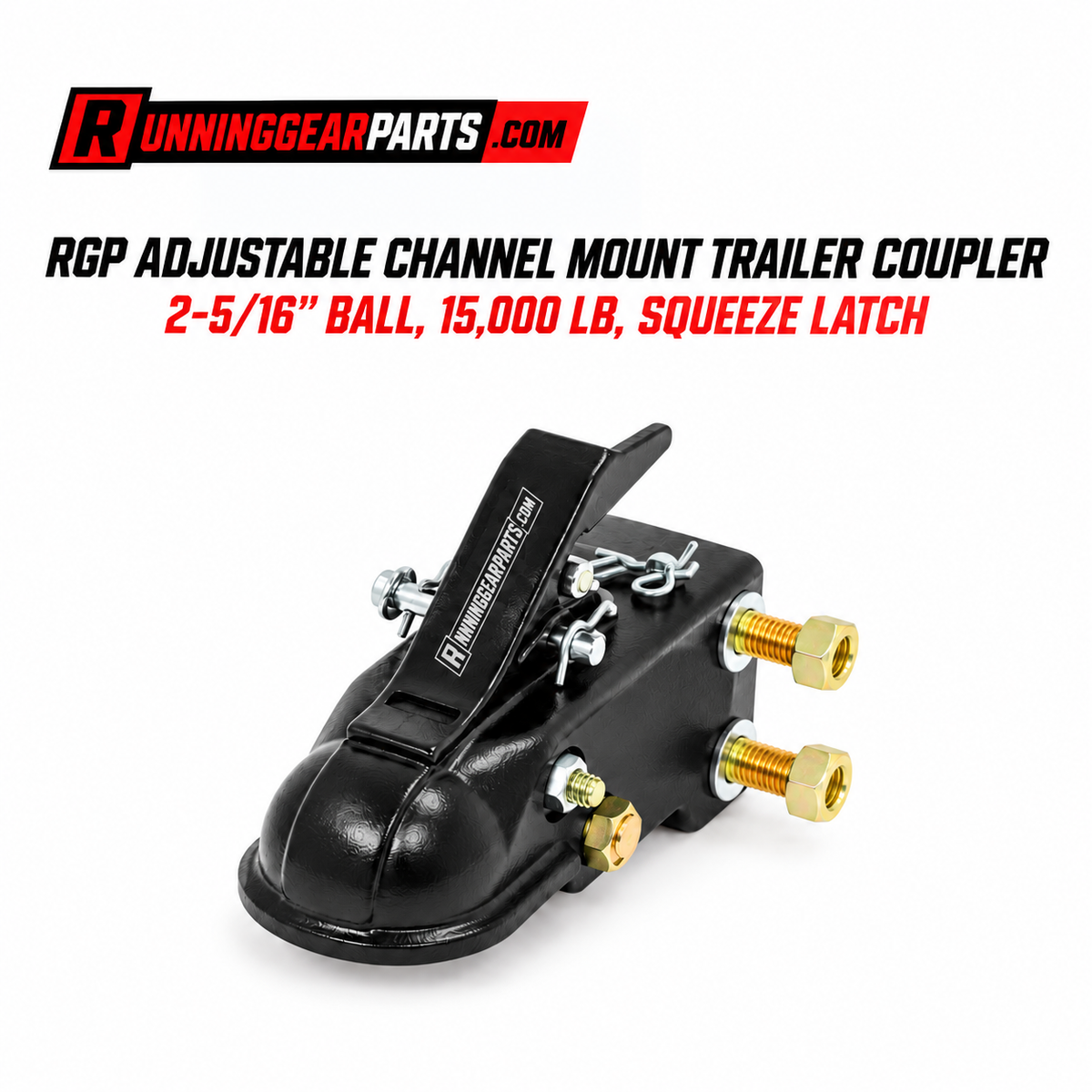 black metal trailer coupler with adjustable hardware and brass-colored bolts