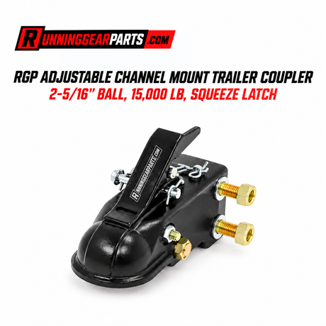black metal trailer coupler with adjustable hardware and brass-colored bolts