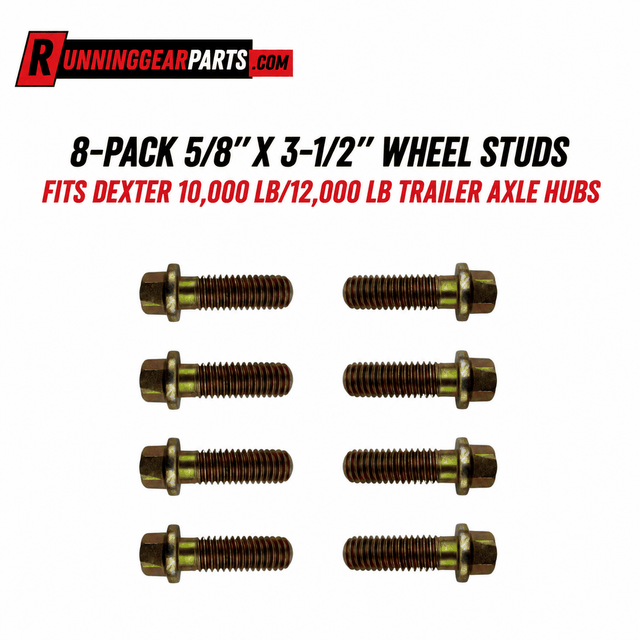 Trailer axle wheel studs, RGP 10,000–12,000 lb Trailer Axle, eight gold-toned steel studs with threaded shafts and flanged heads.