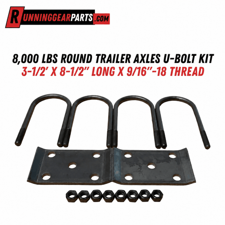 Trailer Axles U-Bolt kit in black raw steel, featuring four U-shaped bolts, two flat tie plates and eight hex nuts.