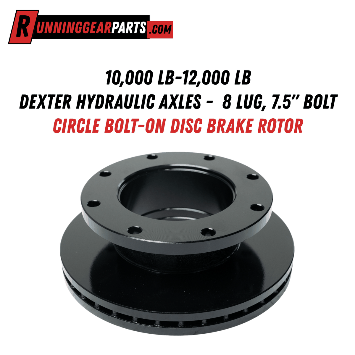 RGP 10,000–12,000 lb Trailer Axle disc brake rotor in black cast steel, with vented edges and an 8-lug bolt-on hub.