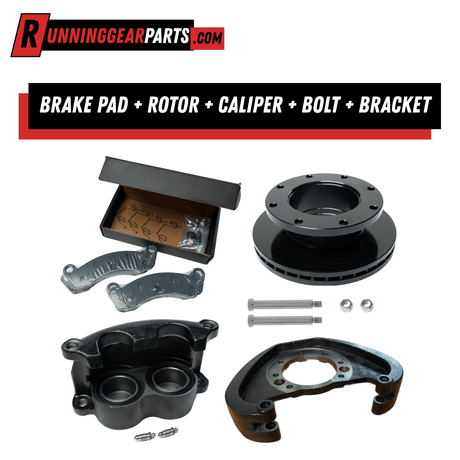 Hydraulic Disc Brake Pad Kit with black caliper, rotor and bracket, silver brake pads and mounting hardware.