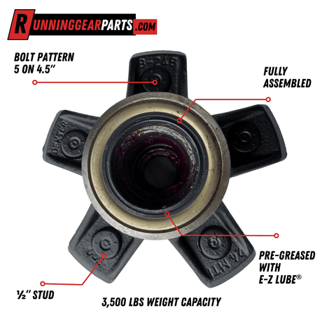 Trailer idler hub kit, black and metal, five-stud 5 on 4.5-inch pattern, pre-greased; Dexter 3,500 Lb Trailer Axle compatibility.