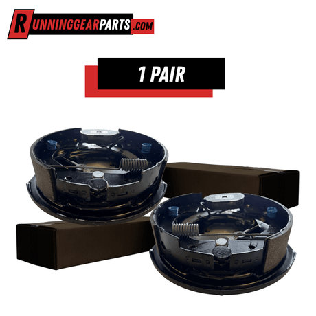 Electric trailer brake assemblies, Dexter 3,500 lb Axles, black metal with exposed springs and self-adjusting shoes, 1 pair.