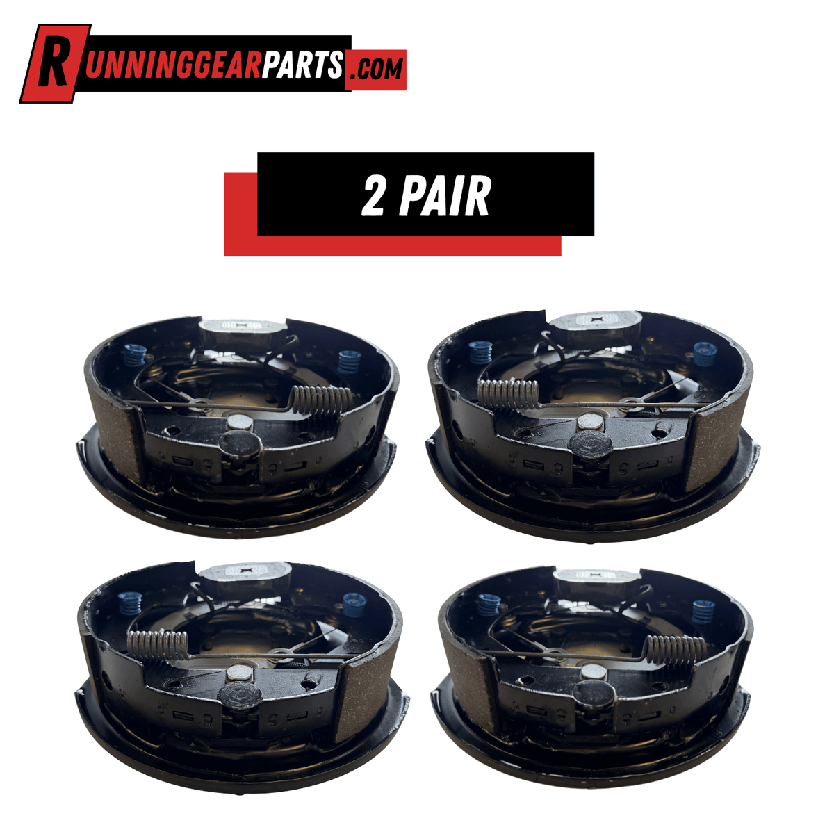 Electric trailer brake assemblies, Dexter 3,500 lb Axles, black metal with exposed springs and paired brake shoes, shown as two pairs.