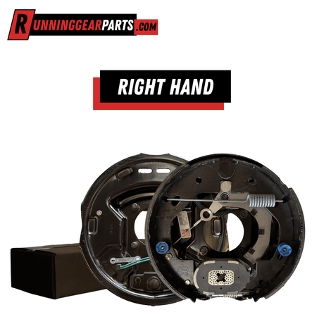 Right-hand electric trailer brake assembly with dark metal backing plate, exposed springs and self-adjusting hardware for Dexter 3,500 lb Axles.