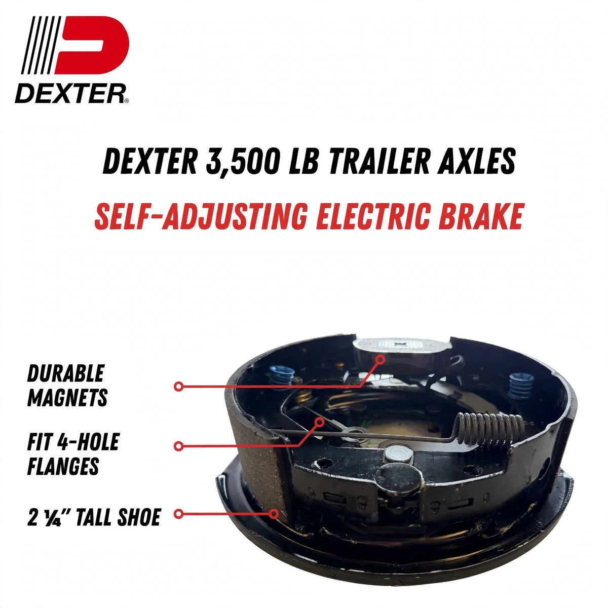 Electric trailer brake assembly for Dexter 3,500 lb Axles, black metal with curved brake shoes, springs and magnets.