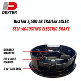 Electric trailer brake assembly for Dexter 3,500 lb Axles, black metal with curved brake shoes, springs and magnets.
