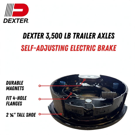 Electric trailer brake assembly for Dexter 3,500 lb Axles, black metal with curved brake shoes, springs and magnets.