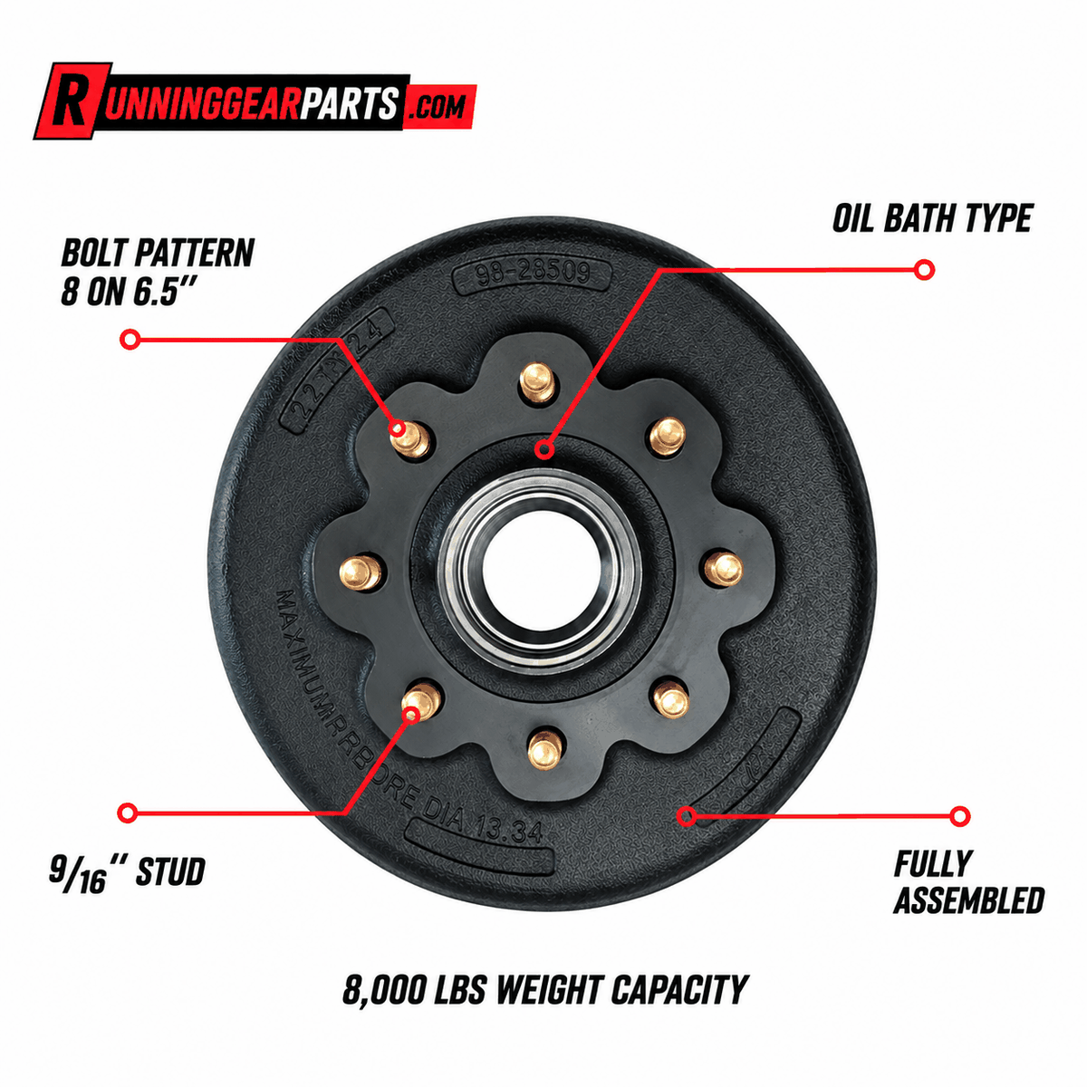 RGP 8,000 lb Trailer Axles hub and drum assembly in black metal with gold studs, 8-lug pattern and oil bath hub.
